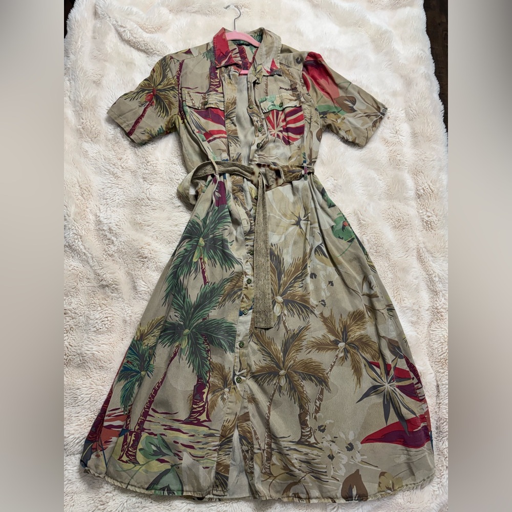 Desigual Multicolor Palm Print Midi Safari Short Sleeve Dress with Belt